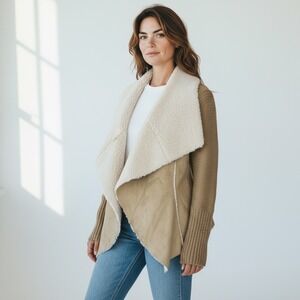 KNOX ROSE Womens Camel Beige Faux Shearling Suede Open Cardigan Sweater S NWOT